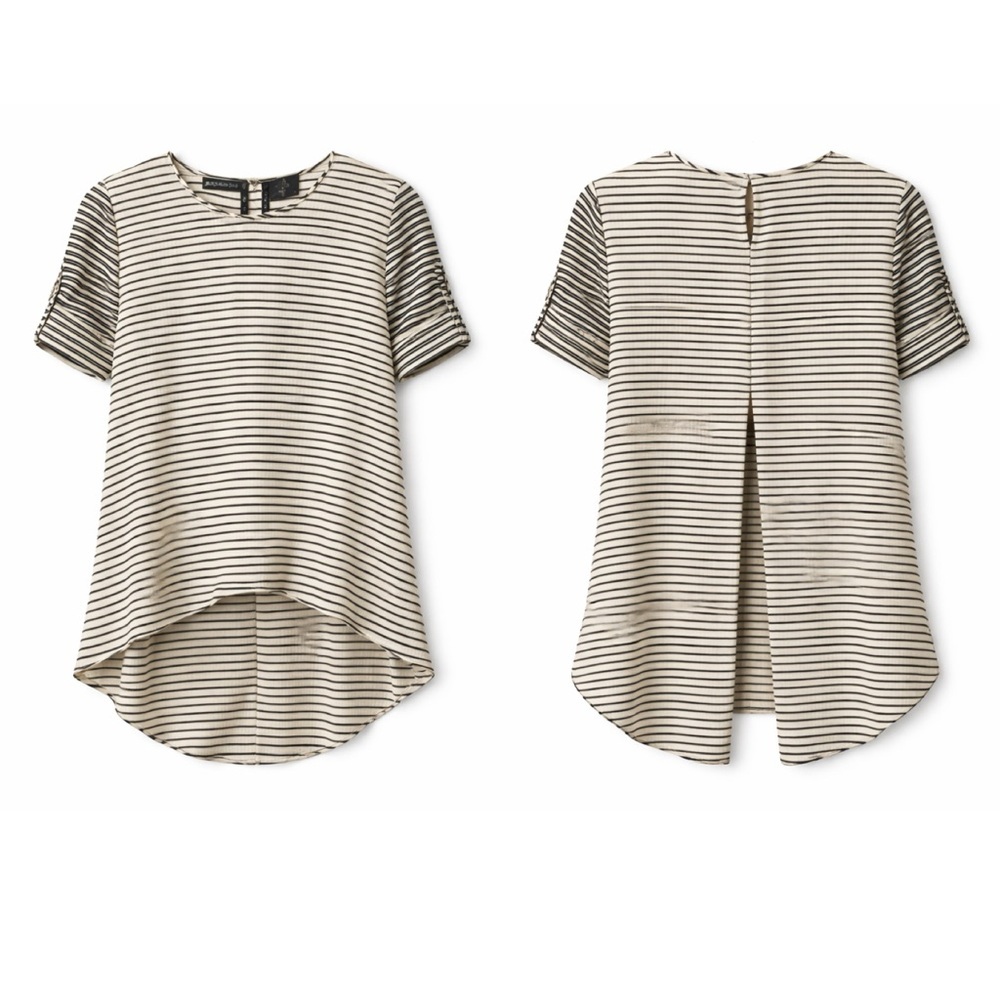 BCBGMAXAZRIA 100% Silk $378 Caterina Split Back Top Sz XS Striped High Low - Picture 2 of 16